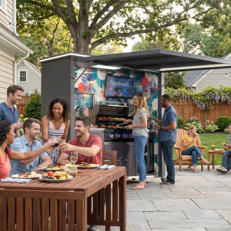 Covered outdoor kitchen serving a large backyard gathering