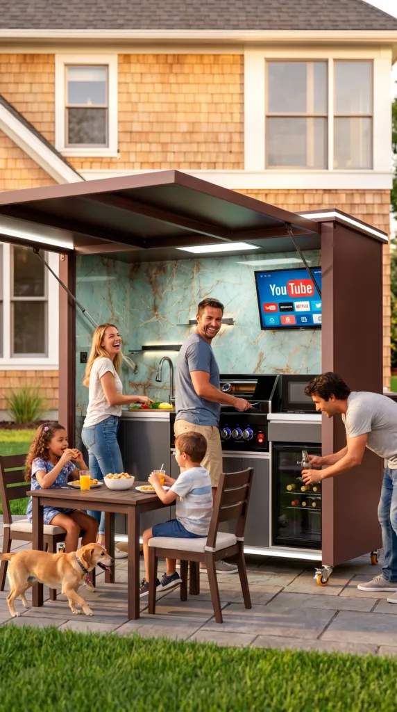 Covered outdoor kitchen with grill, sink, refrigerator, and family dining area