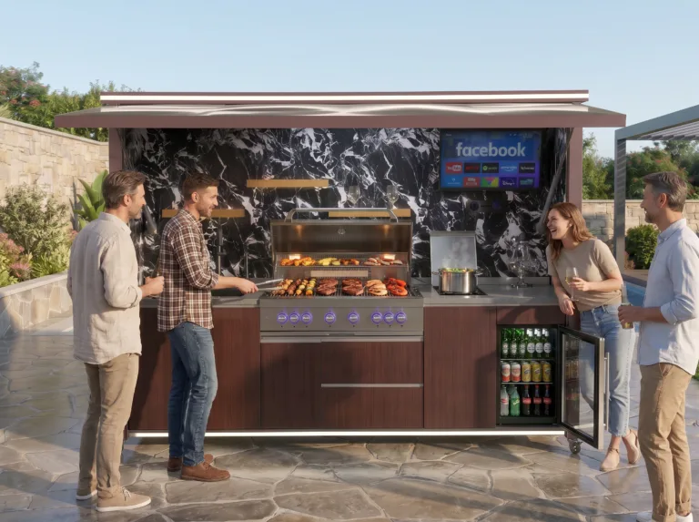 Outdoor kitchen arranged for backyard entertaining with grill, counters, refrigerator, and guests