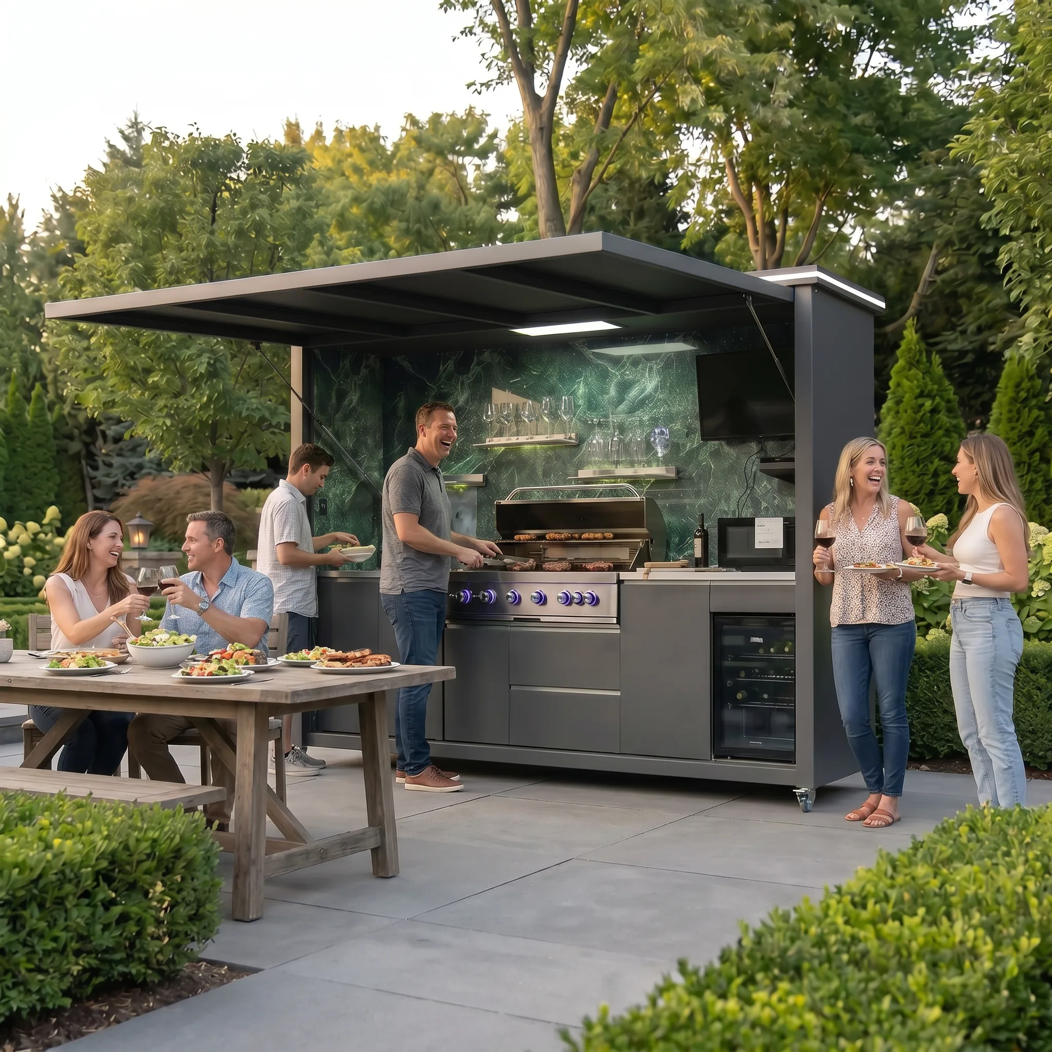 Covered outdoor kitchen with open patio circulation for social cooking