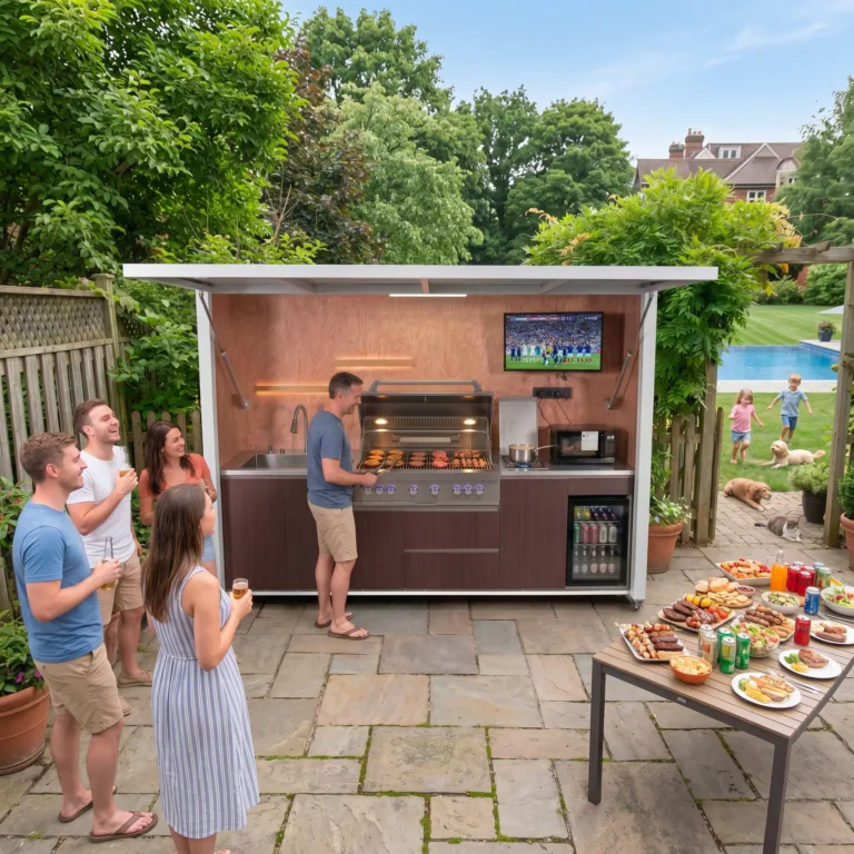 META LIFESTYLE covered outdoor kitchen with grill, television, sink, cabinetry and refrigerator