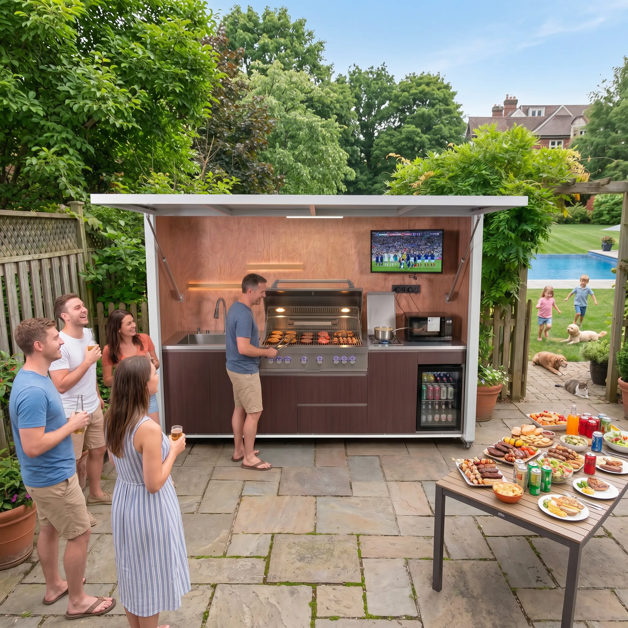META LIFESTYLE covered outdoor kitchen with grill, television, sink, cabinetry and refrigerator