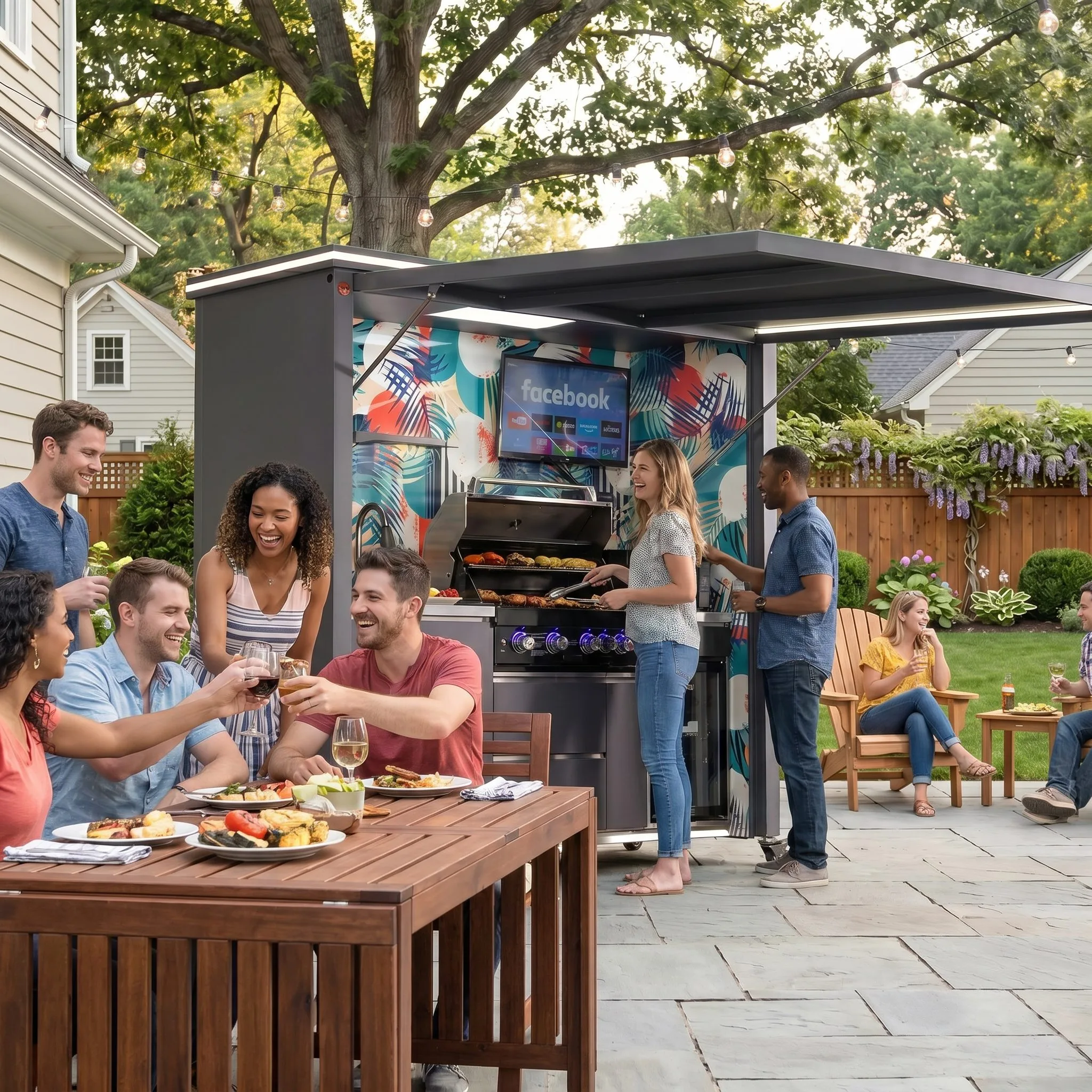 Covered outdoor kitchen serving a large backyard gathering