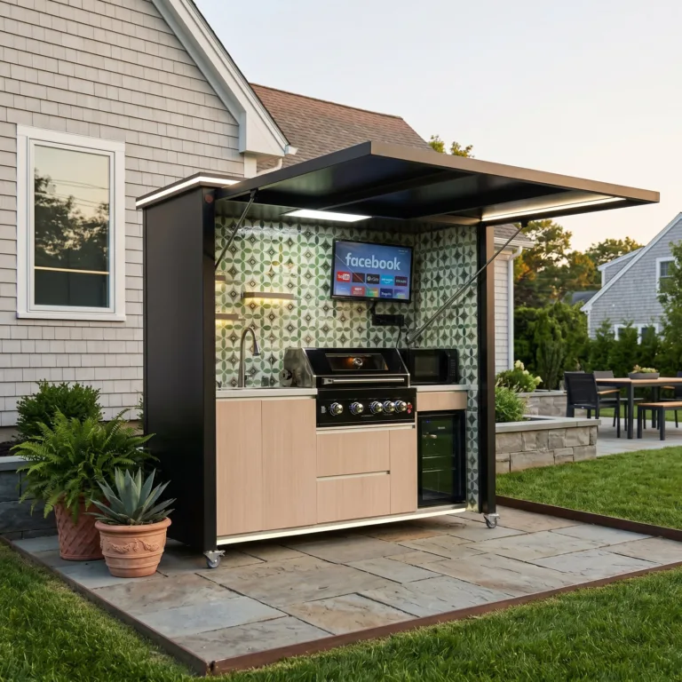 Outdoor kitchen with grill sink refrigerator lighting and utility-ready cabinetry beside an American home