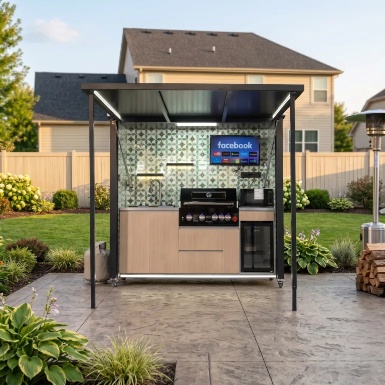Covered black outdoor kitchen with grill and integrated lighting in an American backyard