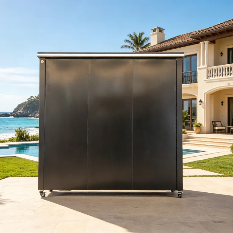 Closed black outdoor kitchen unit positioned on a luxury backyard patio before installation