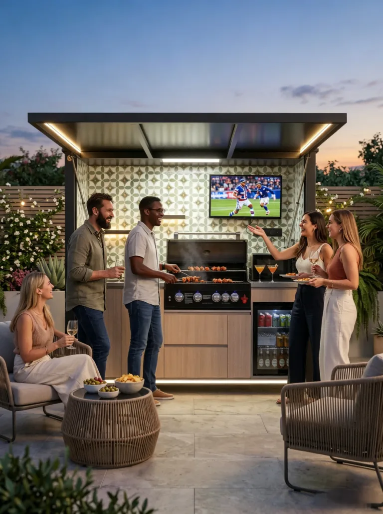 Roofed outdoor kitchen facing a backyard seating area at sunset