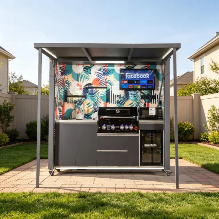 Roofed outdoor kitchen positioned on a paved backyard patio near a privacy fence