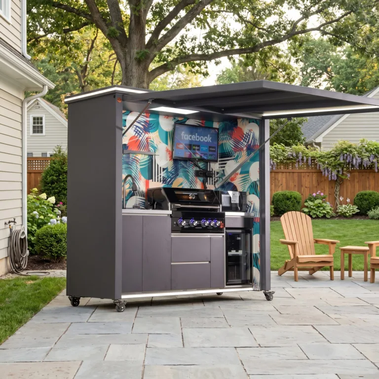 Charcoal gray outdoor kitchen with grill sink and under-counter refrigerator