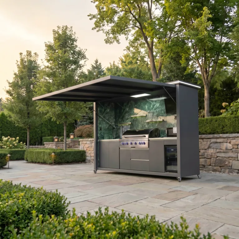META LIFESTYLE charcoal rolling outdoor kitchen with canopy and green stone backsplash