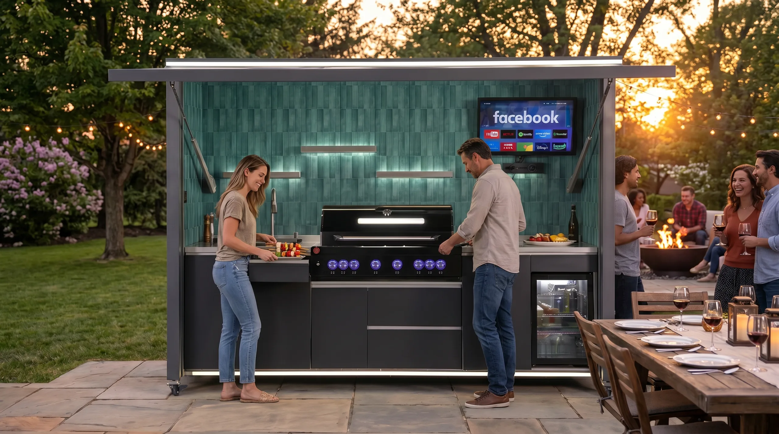 Outdoor kitchen with grill, sink, refrigerator, and counters arranged for entertaining