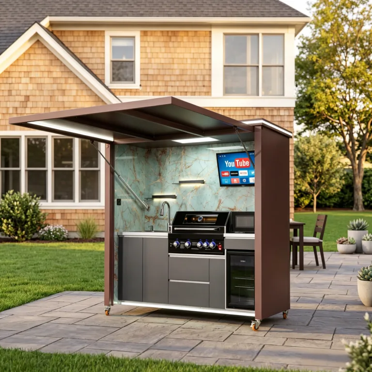 Compact covered outdoor kitchen with grill, sink, refrigerator, lighting, and wheels