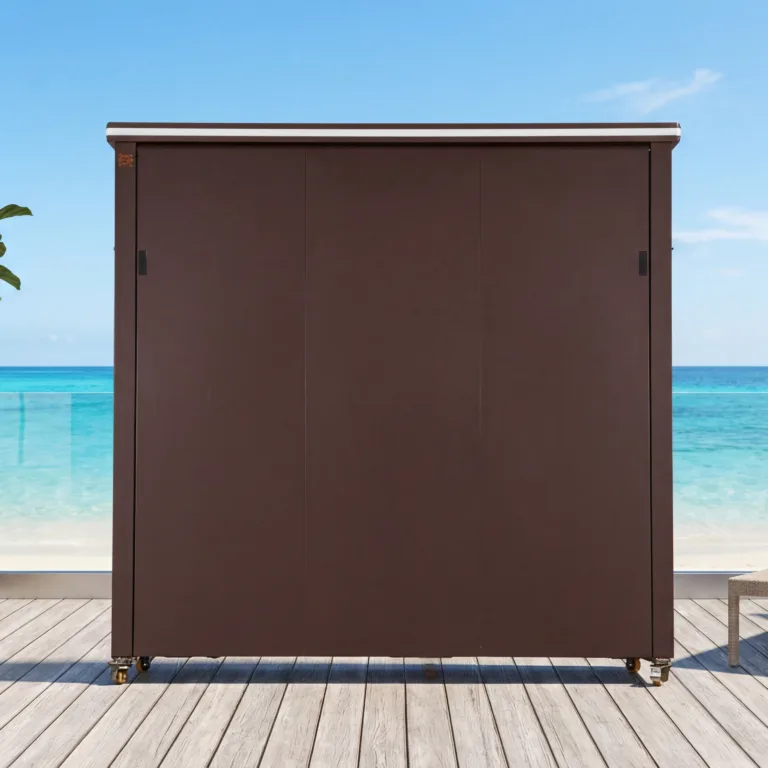 Outdoor kitchen closed behind protective brown sliding panels on a patio