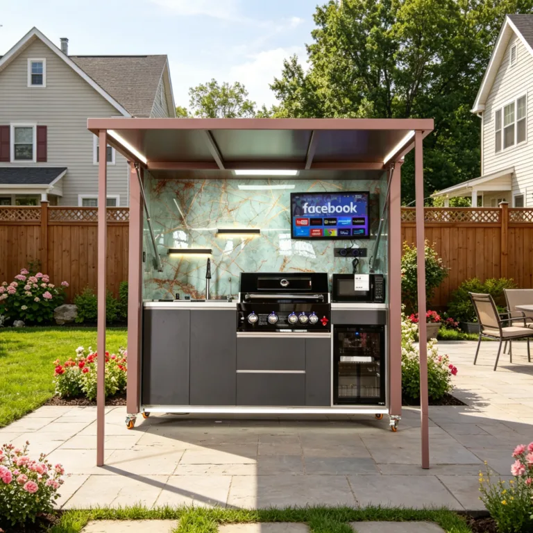 Covered outdoor kitchen with grill, sink, refrigerator, lighting, and entertainment screen