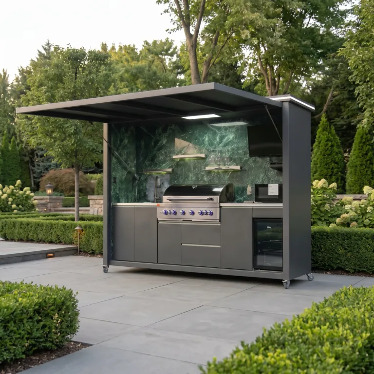 Complete META LIFESTYLE roofed outdoor kitchen with grill, sink, refrigerator, cabinets, lighting, and television