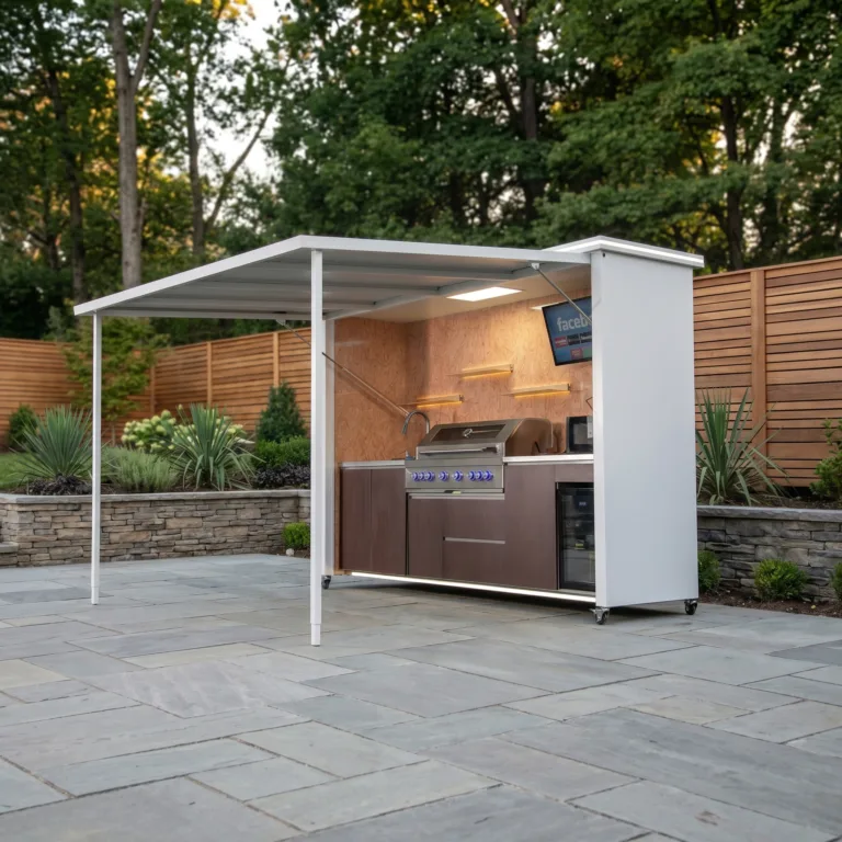 Covered Meta Lifestyle outdoor kitchen installed in a landscaped backyard