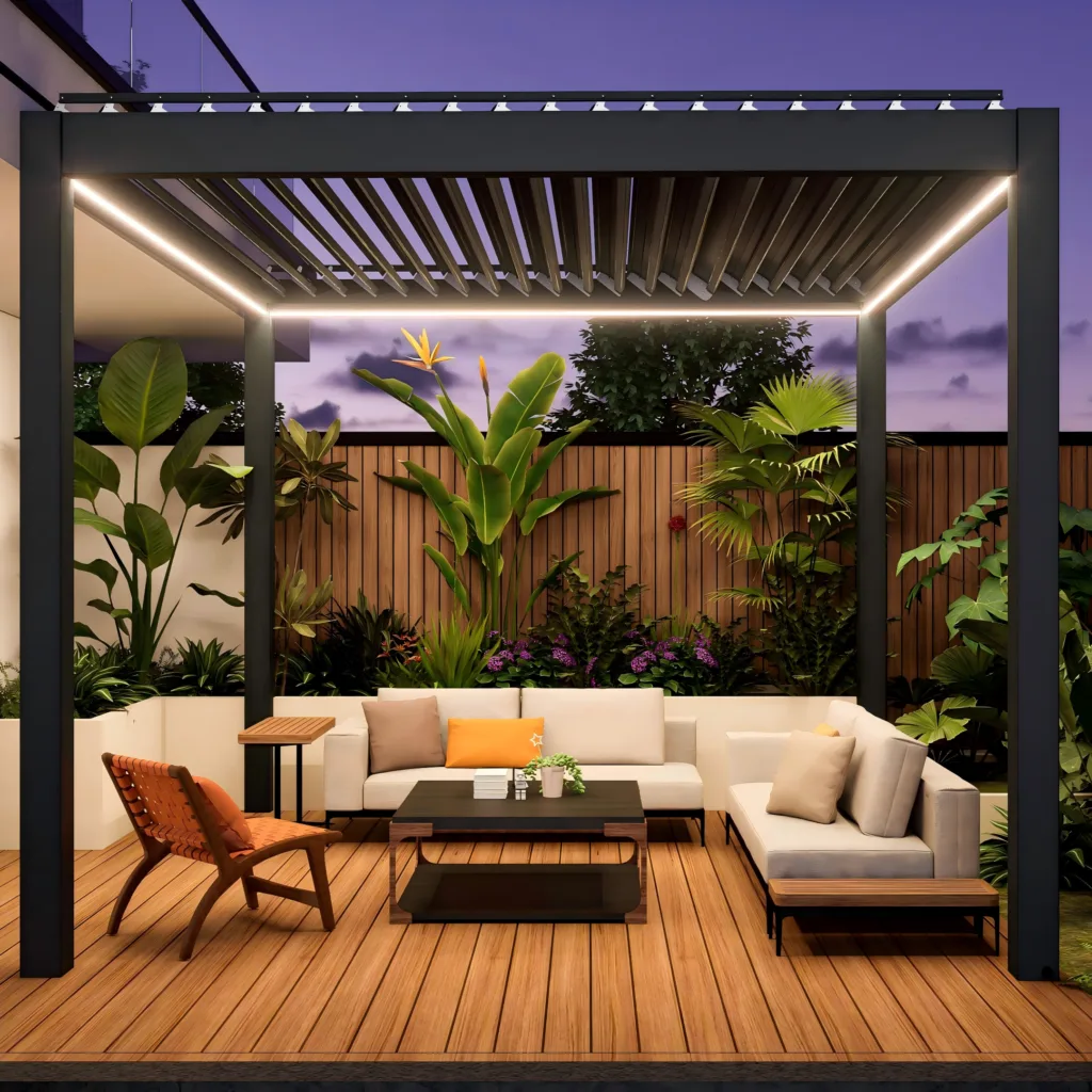 Dark aluminum louvered pergola with integrated warm lighting over an outdoor lounge