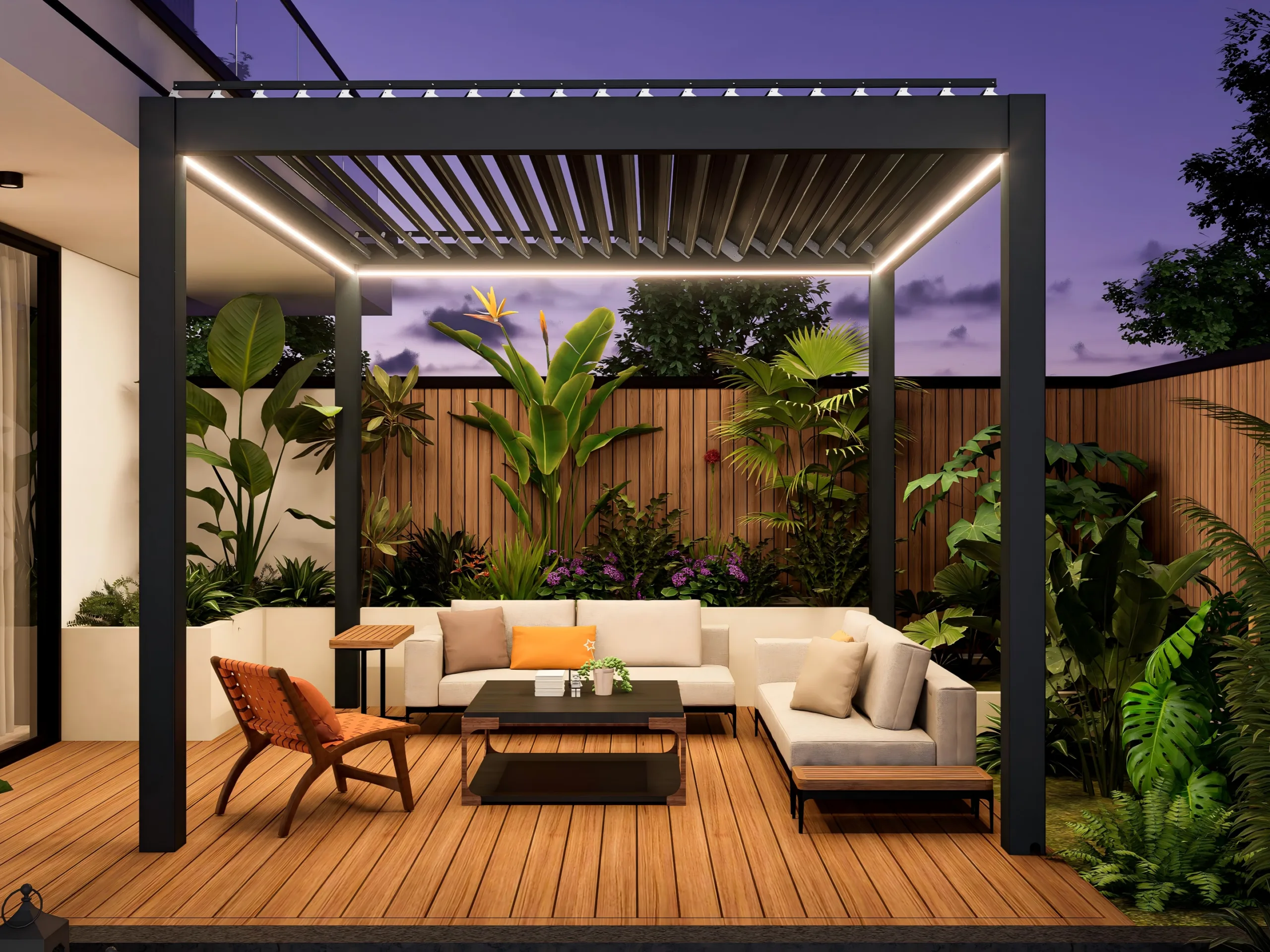 Dark louvered pergola sized over an outdoor lounge and wood deck
