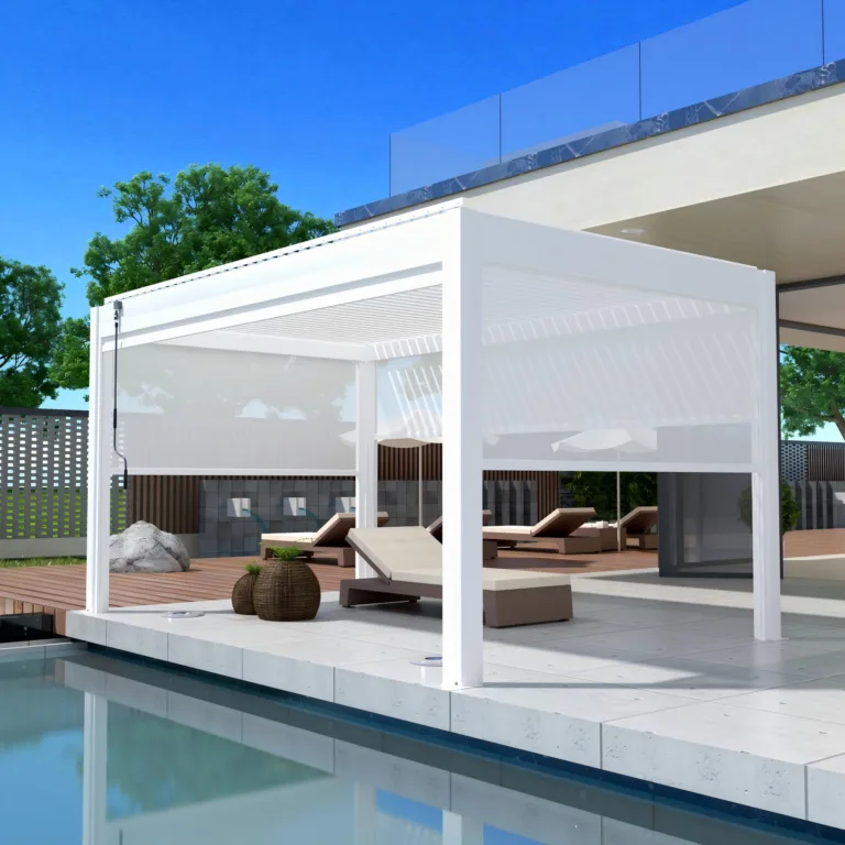 White aluminum louvered pergola with side screens beside a modern swimming pool