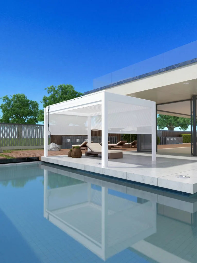 White louvered pergola beside a modern residential swimming pool