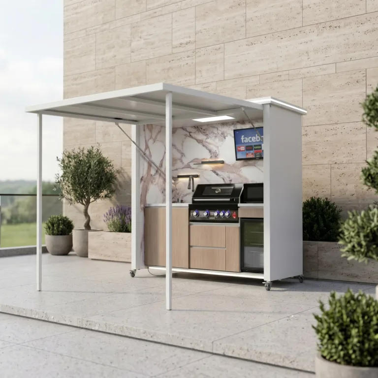 White outdoor kitchen with enclosed cabinets drawers grill refrigerator and protective roof