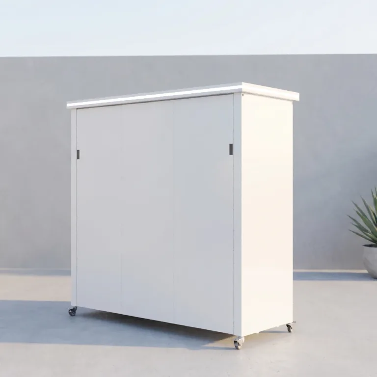 Closed white movable outdoor kitchen cabinet on locking casters