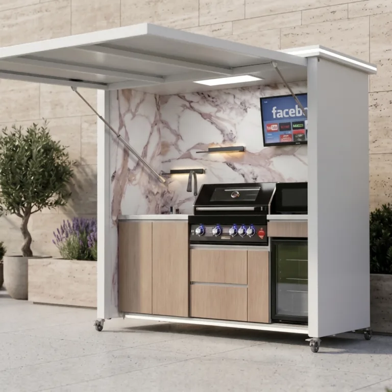 White modular outdoor kitchen positioned on a level paved patio