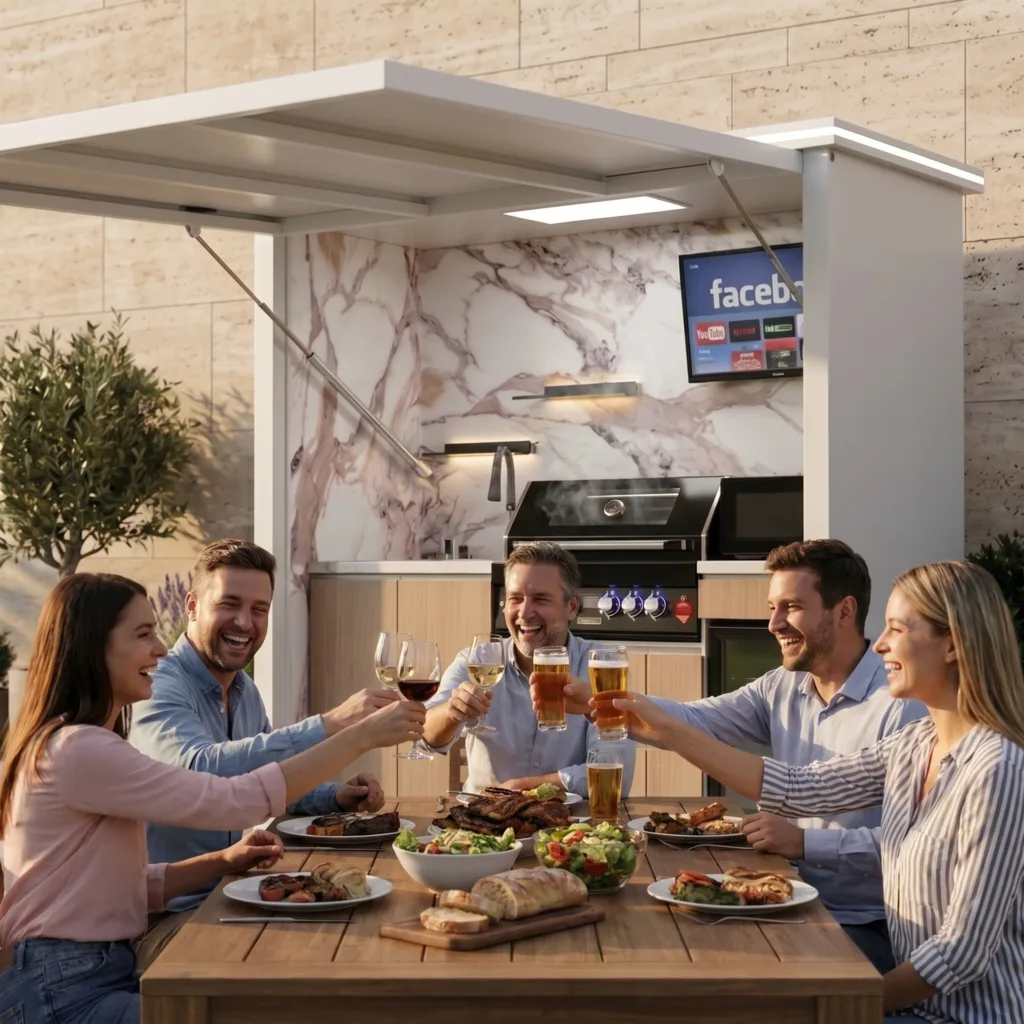 Friends dining beside a white covered outdoor kitchen with grill sink and refrigerator