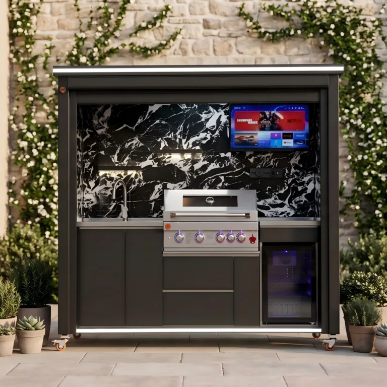 Complete freestanding outdoor kitchen with rolling shutter, grill, sink, refrigerator, and countertop