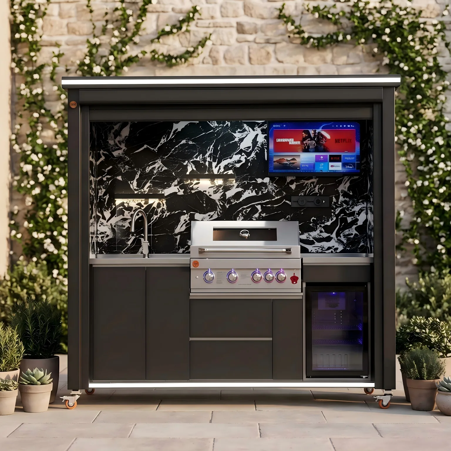 Complete freestanding outdoor kitchen with rolling shutter, grill, sink, refrigerator, and countertop