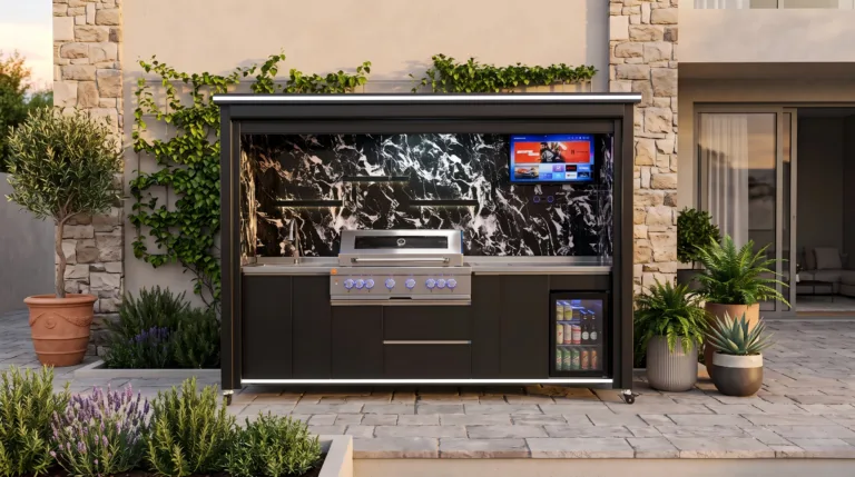 Luxury outdoor kitchen with weather-protective rolling shutter and built-in grill