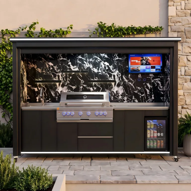 Luxury black outdoor kitchen cabinet with grill, sink, refrigerator, and rolling shutter