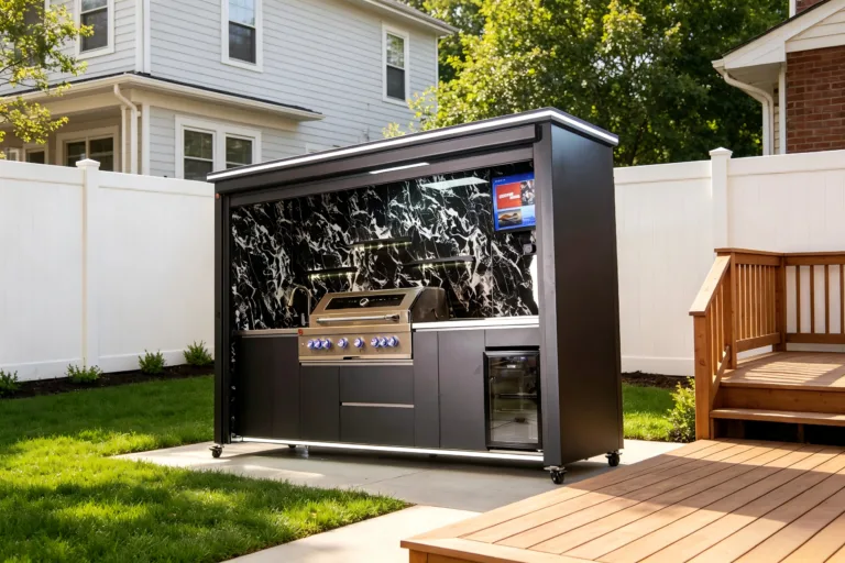 Luxury outdoor kitchen with grill, refrigerator, lighting, rolling shutter, and black-and-white backsplash