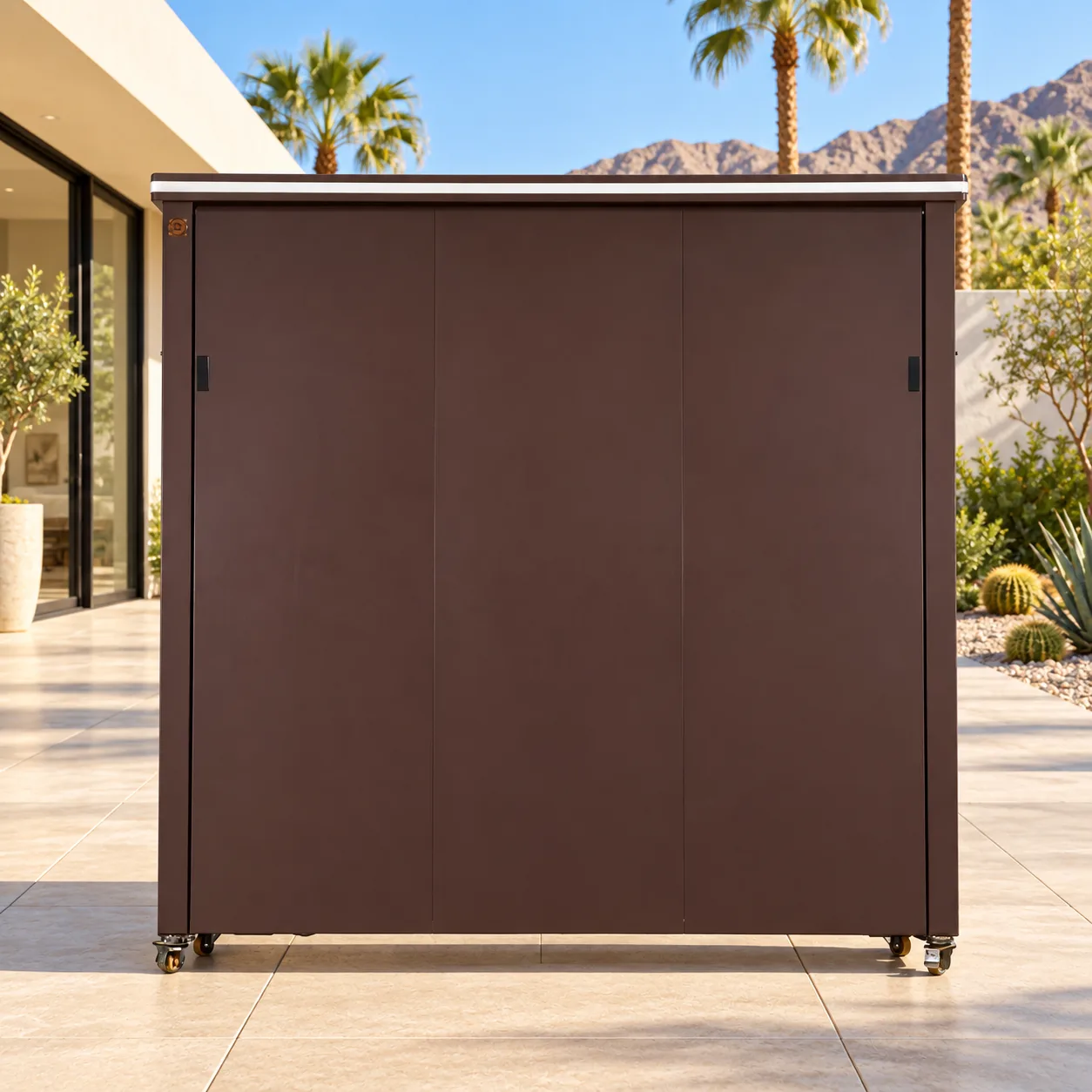 Closed META LIFESTYLE rolling outdoor kitchen on a wide step-free luxury patio