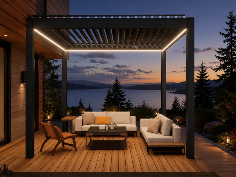 Black freestanding louvered pergola beside a cedar lakeside home at dusk