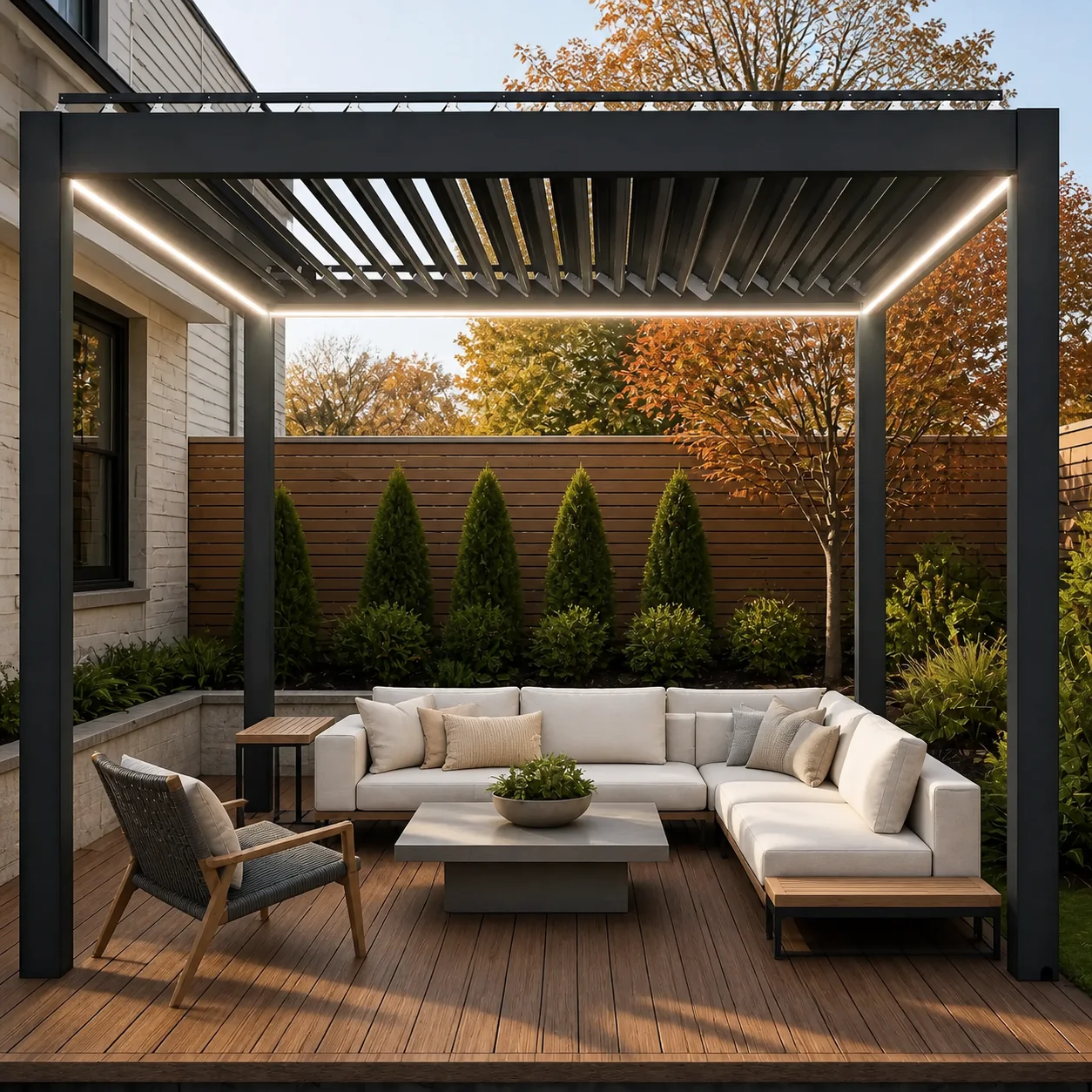 Dark motorized louvered pergola in an upscale East Coast backyard during autumn