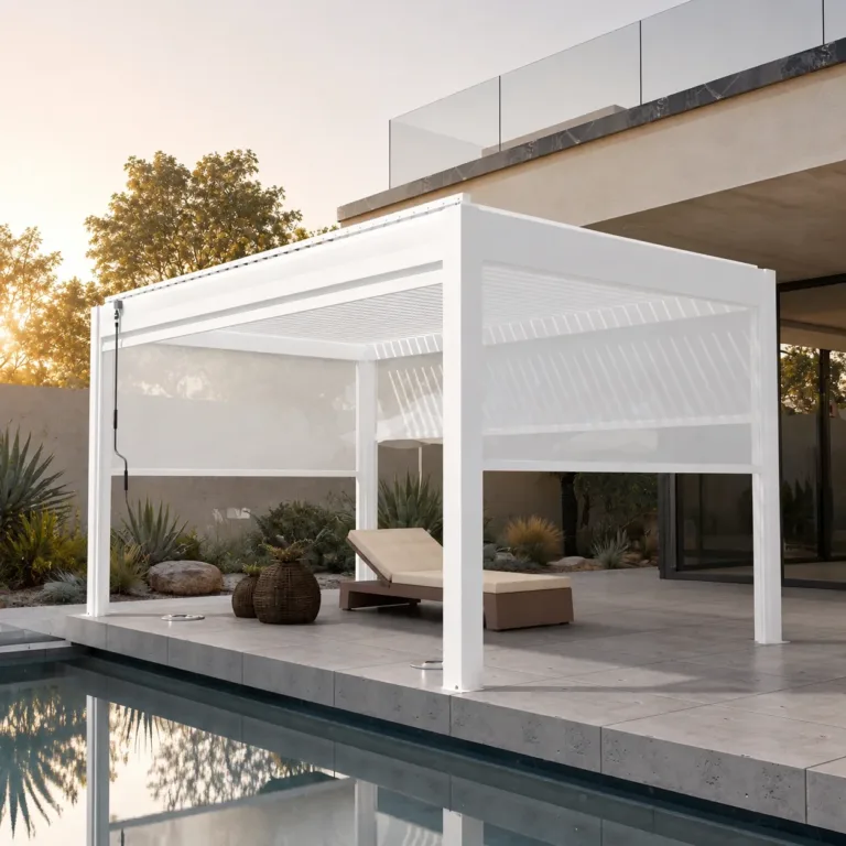 White motorized louvered pergola beside a modern home with large windows