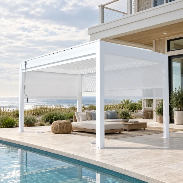 White META LIFESTYLE motorized pergola at a luxury coastal home