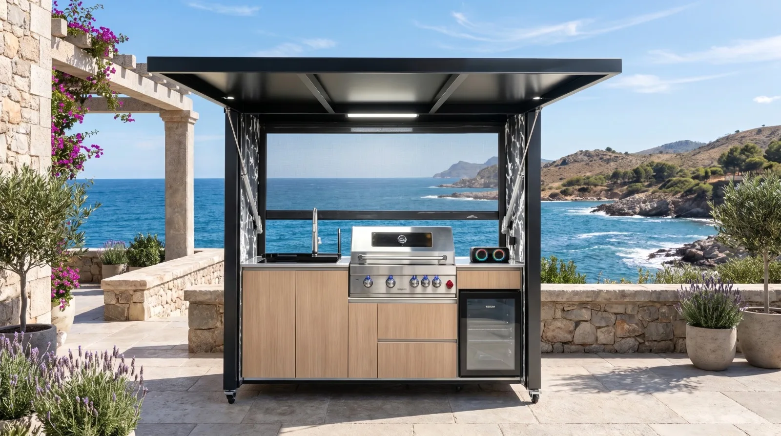 Complete open META LIFESTYLE outdoor kitchen in a luxury coastal patio setting