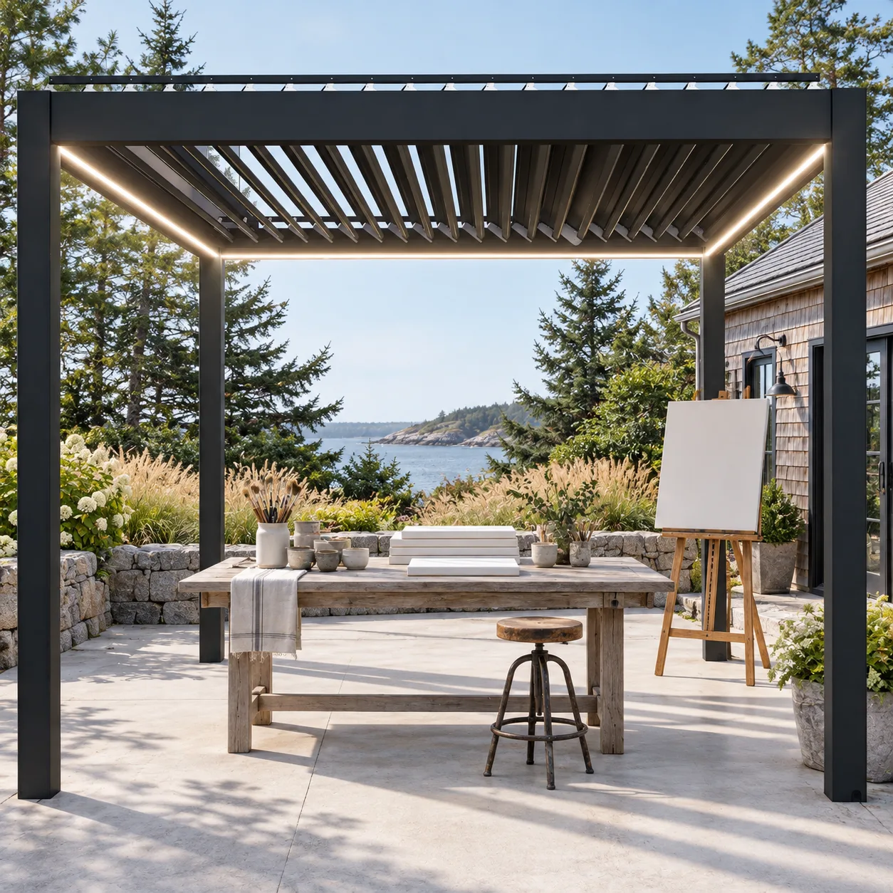 Dark META LIFESTYLE motorized pergola over a premium outdoor art studio in coastal Maine