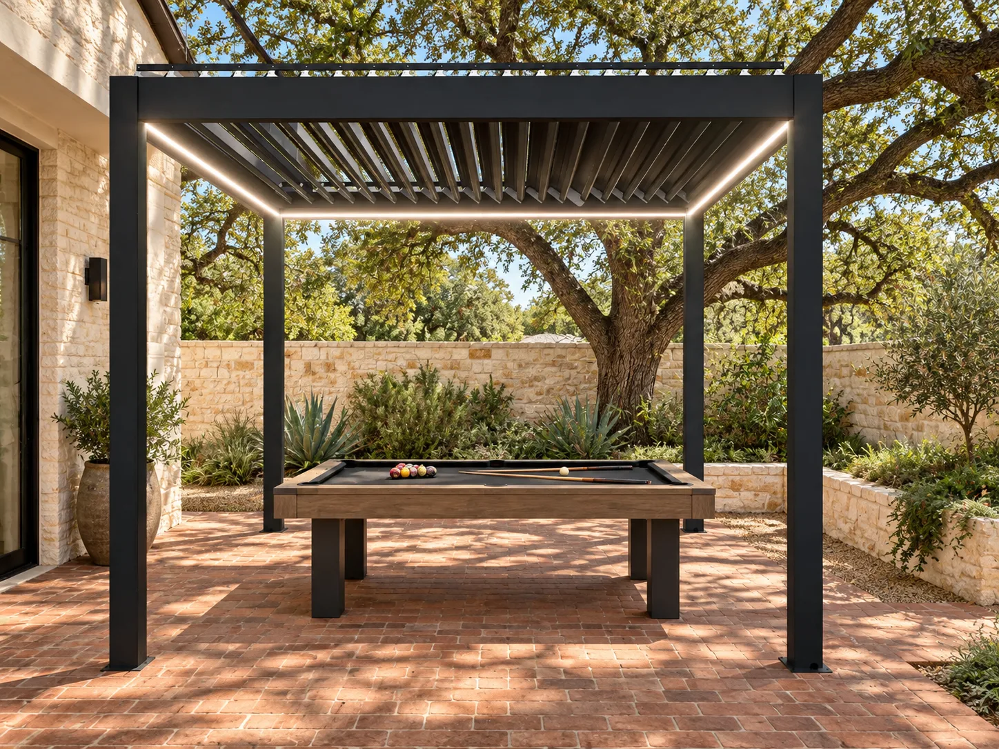 Dark META LIFESTYLE motorized pergola over an outdoor billiards table in a Texas courtyard