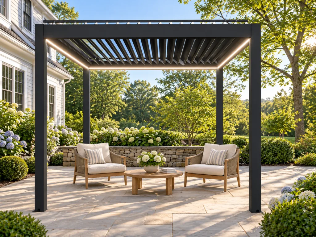 Dark motorized pergola with open sides and louvered roof on a pale stone garden patio