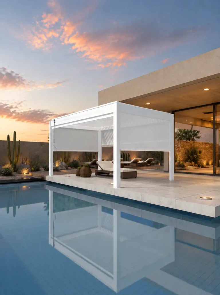 White motorized louvered pergola beside a desert-modern American backyard pool