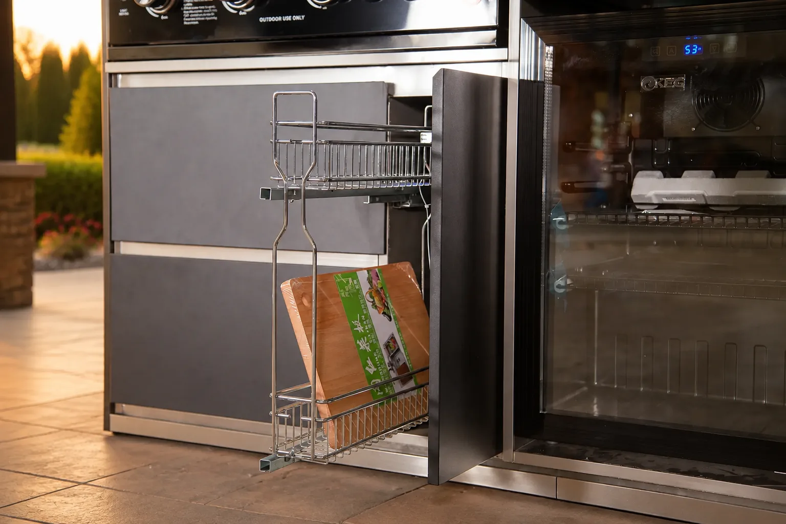 Luxury outdoor kitchen pull-out basket beside an integrated refrigerator at sunset