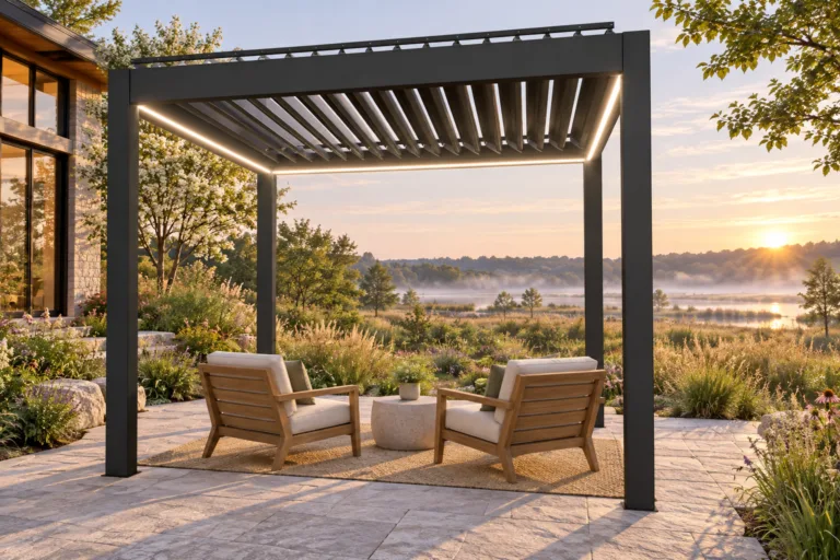 Dark META LIFESTYLE motorized pergola overlooking a Michigan native meadow at sunrise