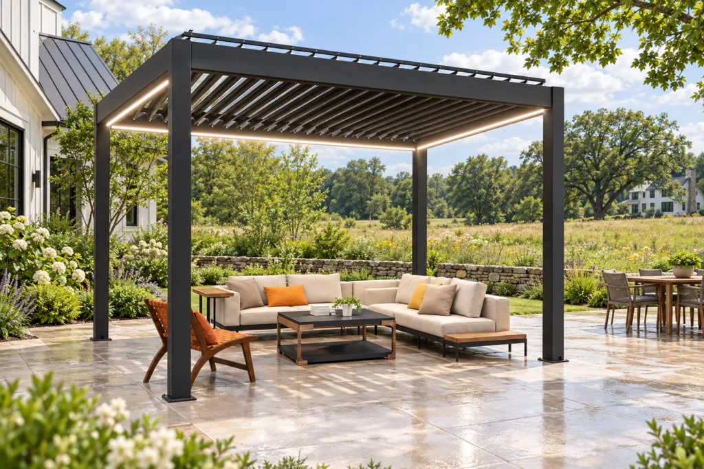 Complete dark META LIFESTYLE motorized pergola on a rural Connecticut patio