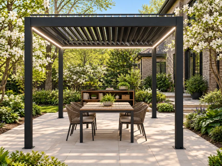 Dark META LIFESTYLE motorized pergola arranged as an outdoor classroom in Raleigh