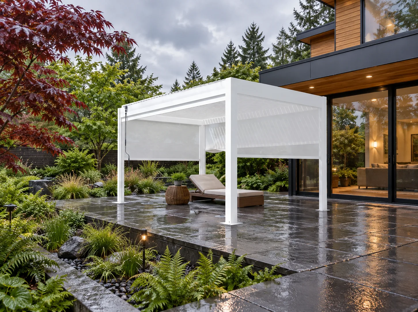 White screened META LIFESTYLE motorized pergola on a rain-wet Portland patio