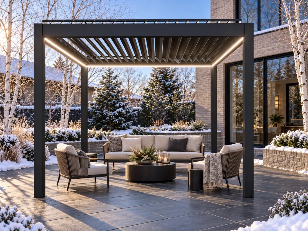 Dark META LIFESTYLE motorized louvered pergola over a clear snow-melt patio in winter