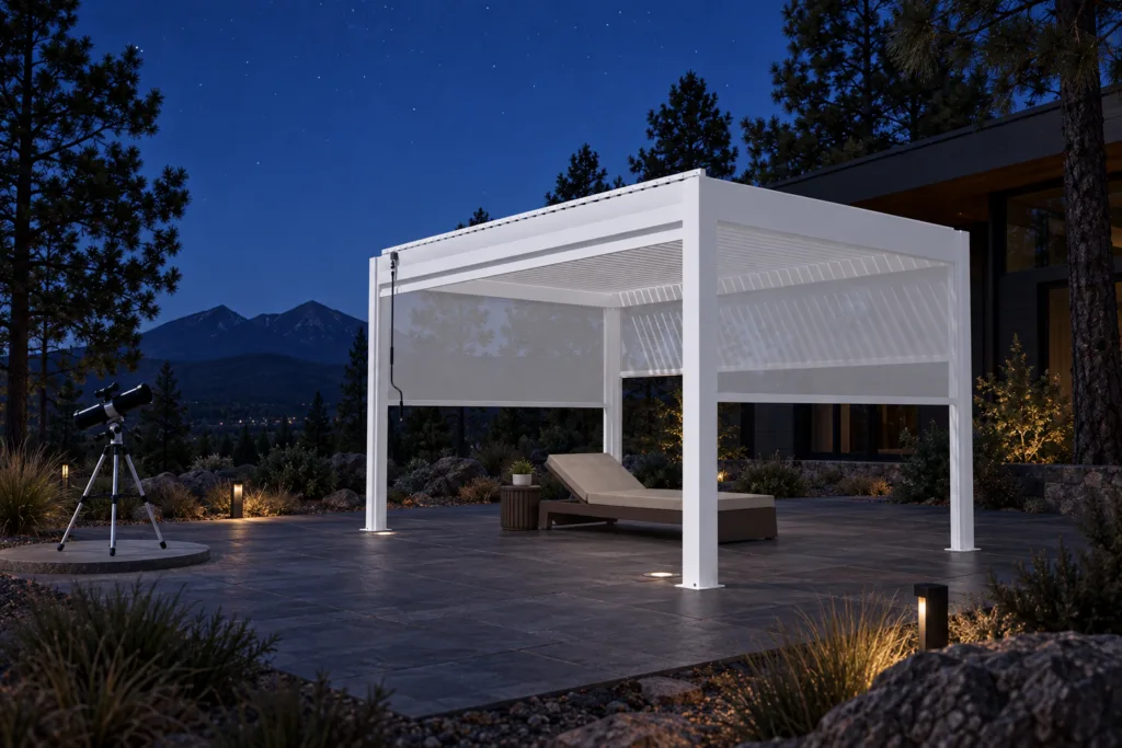 White screened META LIFESTYLE motorized pergola on a dark-sky Flagstaff terrace